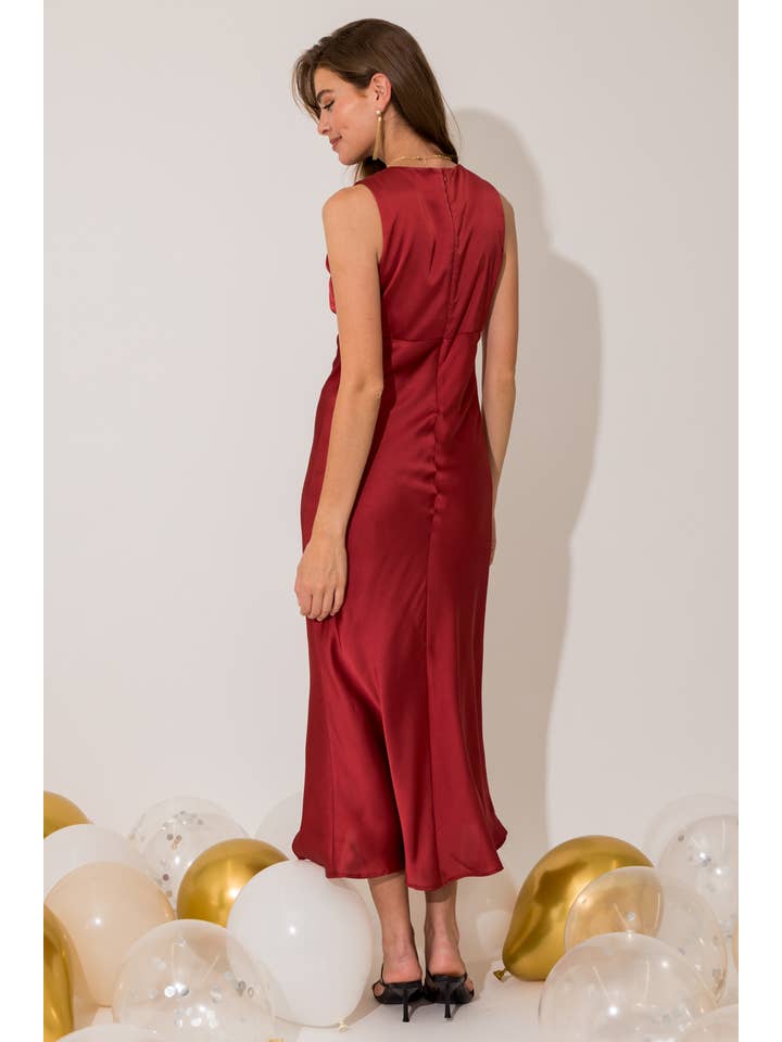 MARSALA SLEEVELESS V-NECK SATIN MIDI DRESS for wholesale on Faire