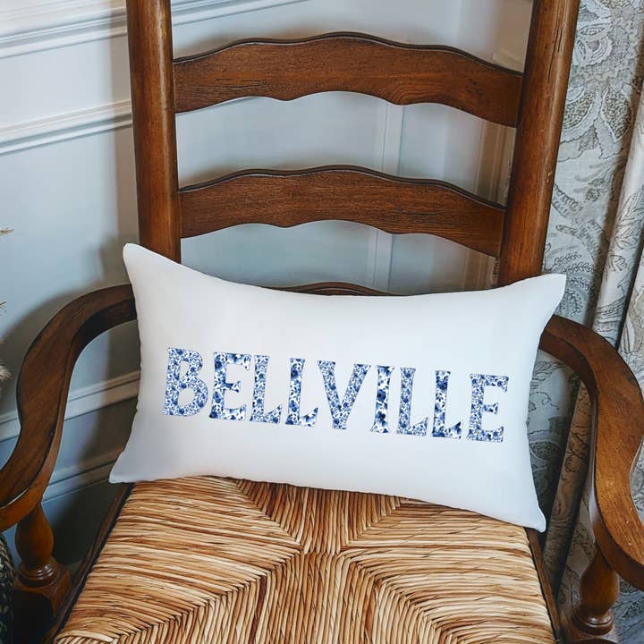 Chinoiserie Blue and White Floral Town Name Lumbar Pillow for wholesale by AbbyKate HOME