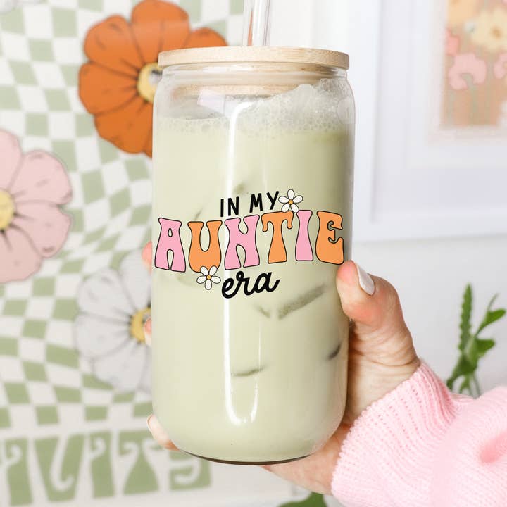 In my Auntie Era 16 oz Glass Cup with Bamboo Lid for wholesale by Boho + Babe