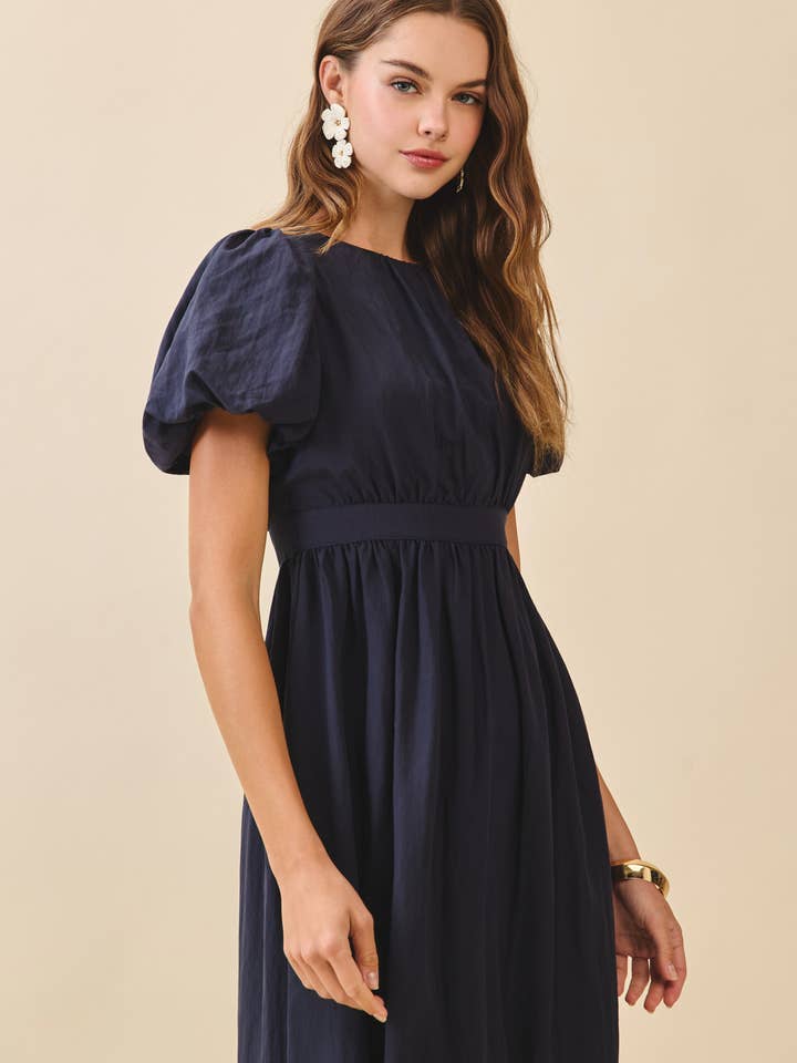 CD06117-Voluminous Puff Sleeves Gathered Bodice Midi Dress for wholesale by TCEC