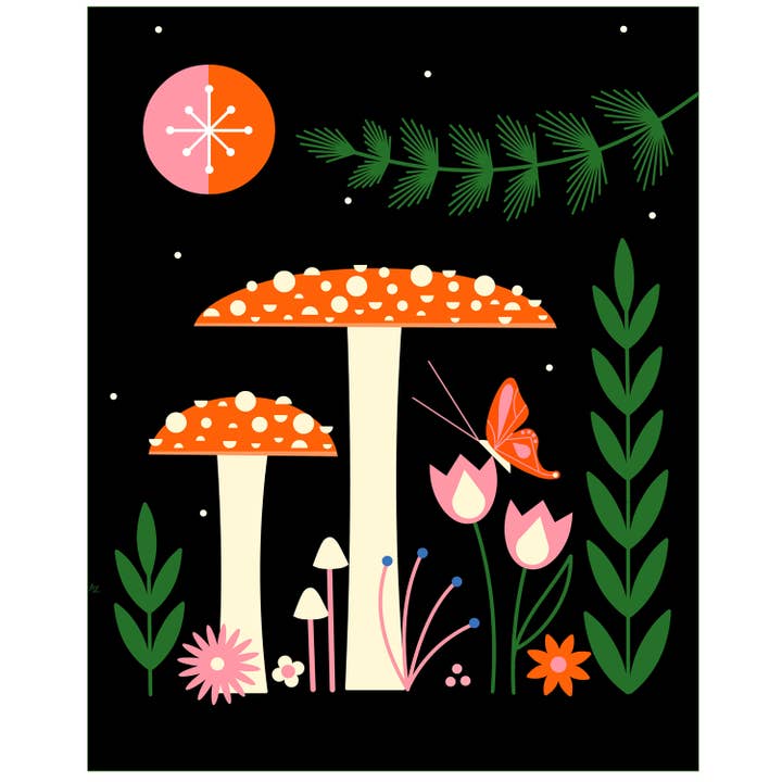 Mushroom and Flowers Art Print for wholesale by Amber Leaders Designs