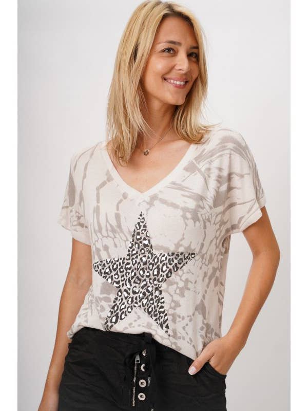 T-shirt met ster en print van Leopart/Cheetah voor wholesale door Look Mode Usa