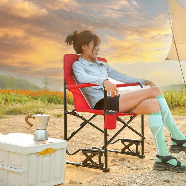 39F Inc. - Wholesale Folding Chair - Portable Outdoor Rocking Chair with Drink Holder Red0