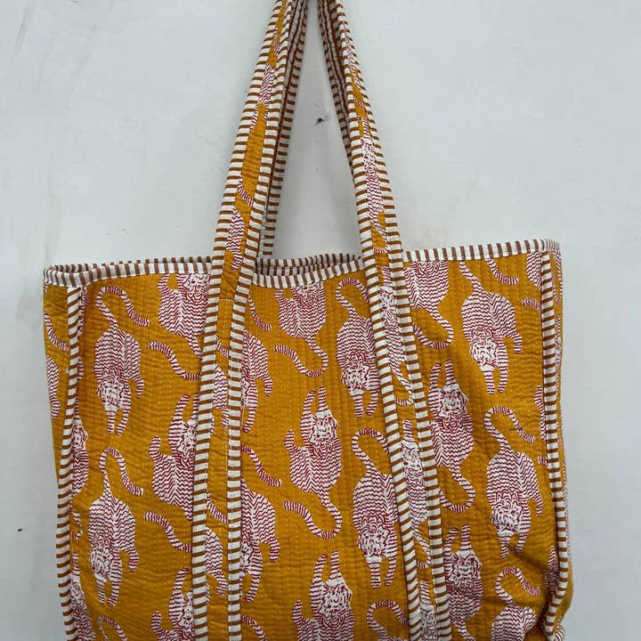 bhavnas boutique - Wholesale Beach Bag - Yellow Women Bag Tiger Printed Cotton Quilted Bag Beach Bag
