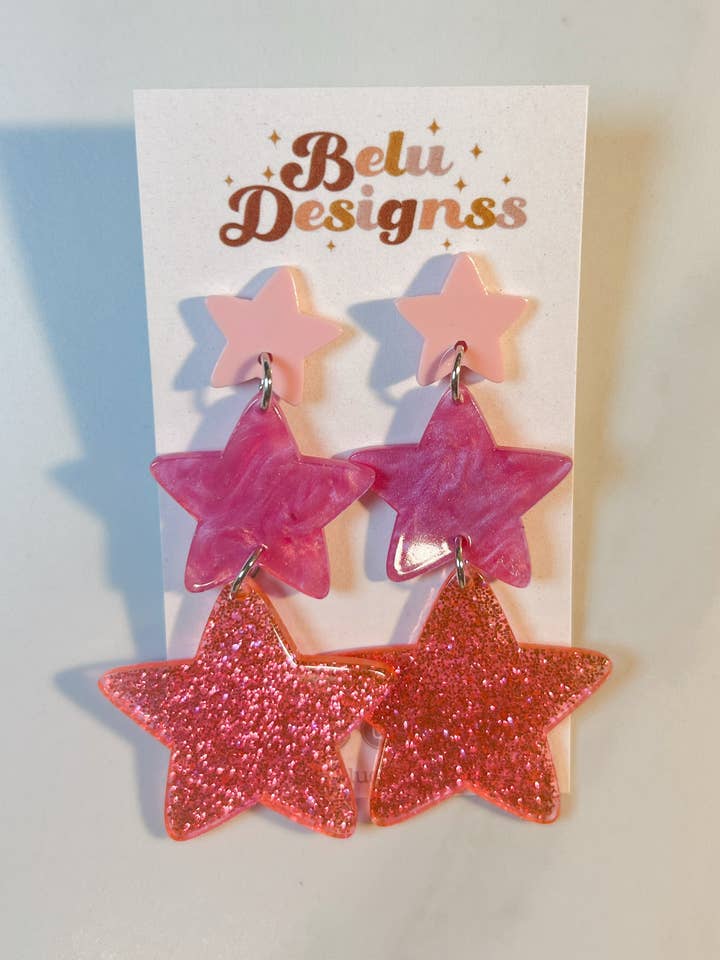 Acrylic pink star earrings for wholesale by Belu Designss