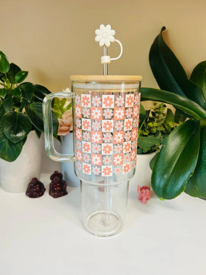 40oz Glasbägare, Vårblommig Rutigt Iskaffeglas för wholesale av MommyandMarie