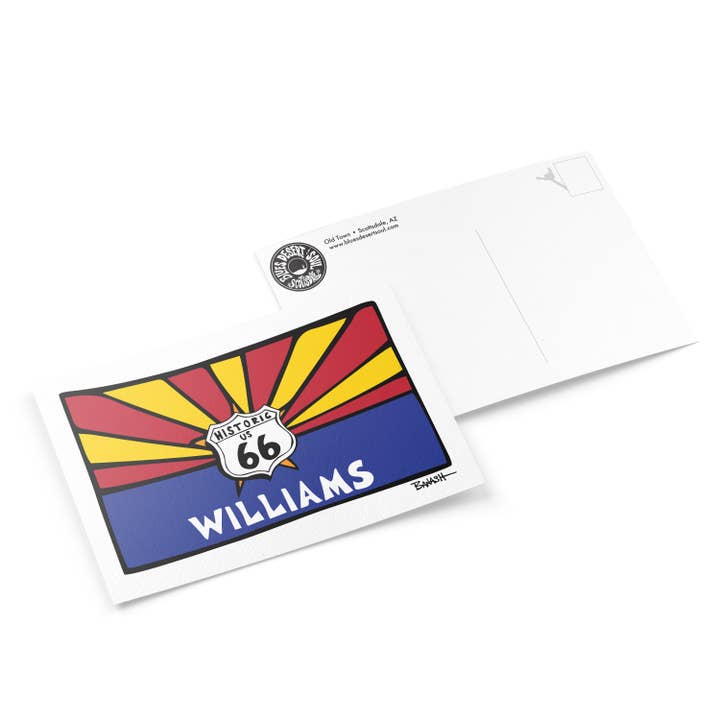 ARIZONA STATSFLAGGA. WILLIAMS. ROUTE 66 SKÖLD | VYKORT för wholesale av Blues, Desert & Soul