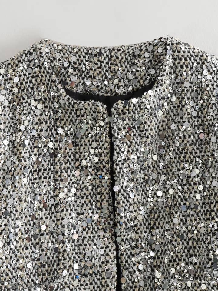 silver sequin tweed bomber jacket for wholesale on Faire