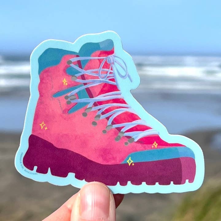 Pink Hiking Boot Sticker- Weatherproof Durable Vinyl Art for wholesale by Granola Girl Outfitters
