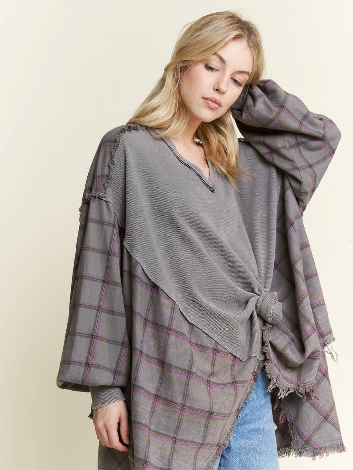 Feel like gypsy Oversized top with Plaid Flannel cont HT4144 for wholesale by J.Her