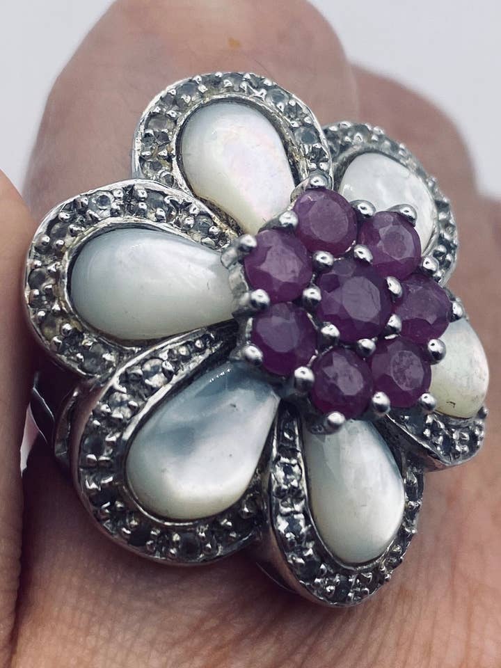 Vintage Pink Ruby Mother of Pearl White Sapphire 925 Sterlin for wholesale by Nemesis Jewelry NYC
