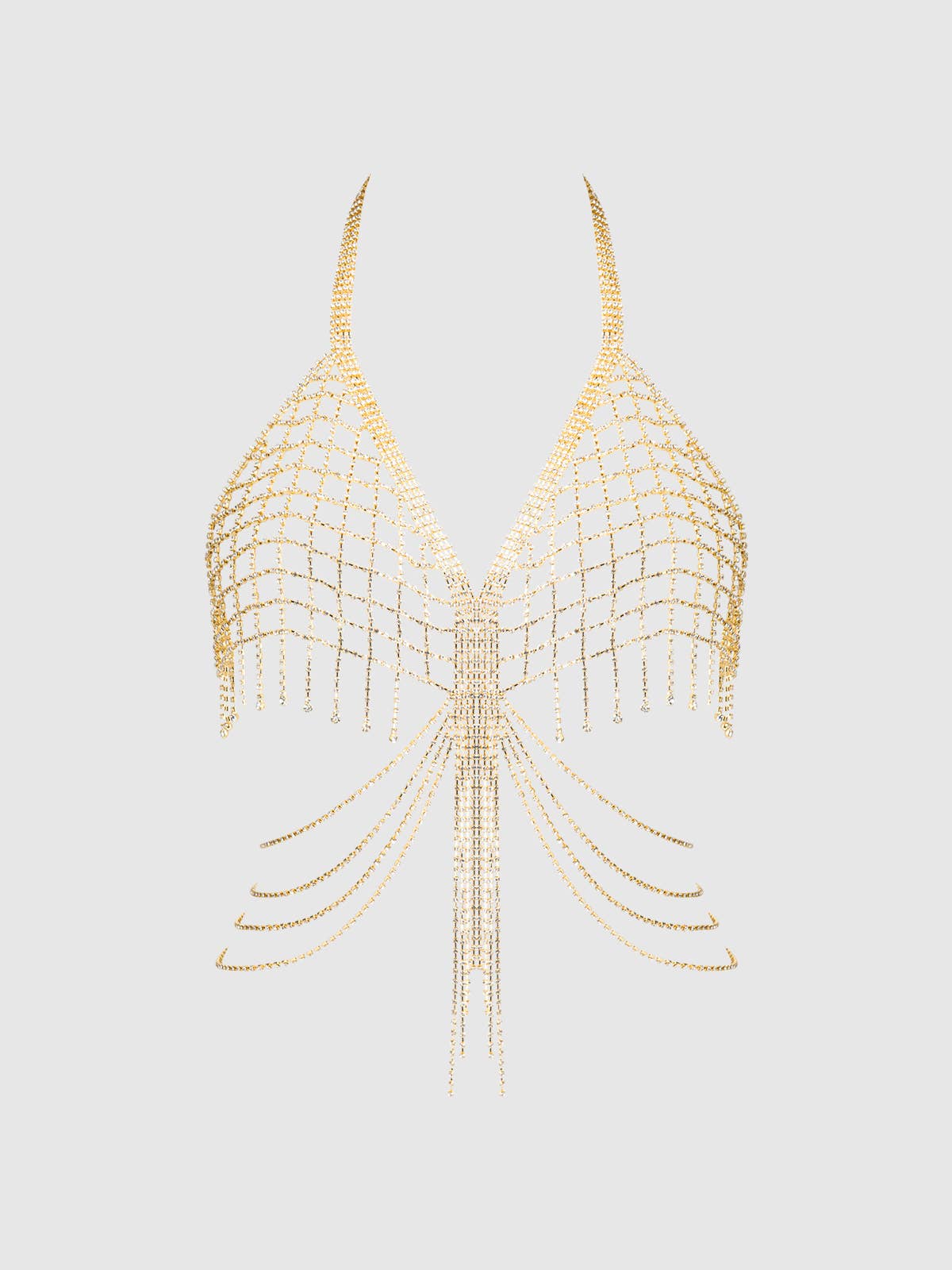Gold RHINESTONE NET & FRINGE HALTER BRALETTE for wholesale on Faire2