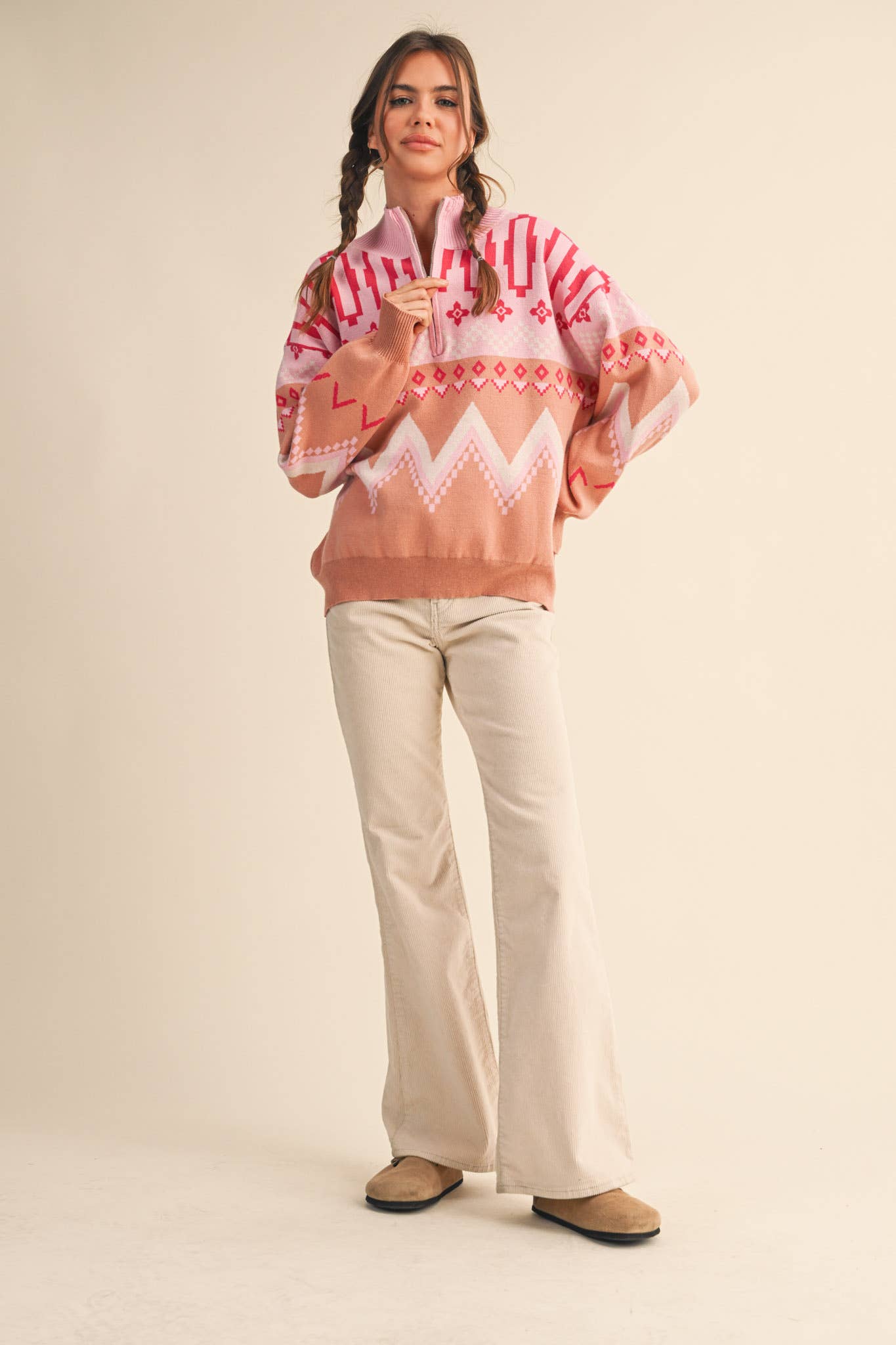 Burgundy Multi GEOMETRIC KNIT MOCK NECK HALF ZIP PULLOVER SWEATER MSW10885 for wholesale on Faire19