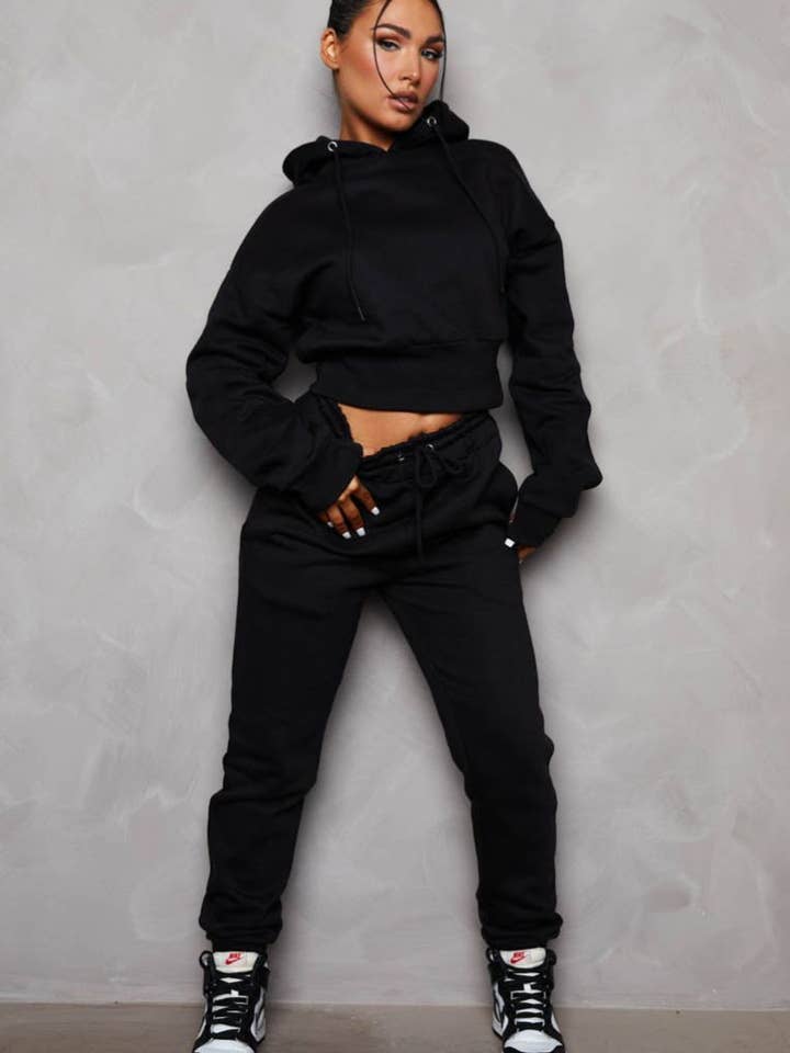 Black Long Sleeve Cropped Fleece Hoodie & Cuffed Joggers for wholesale by Femme Luxe