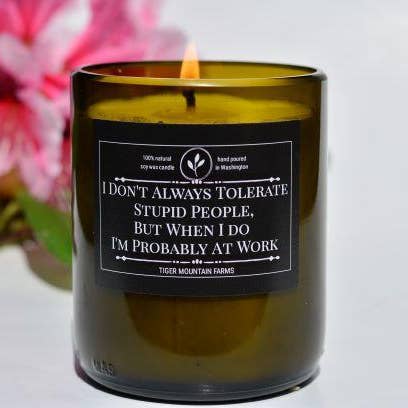 Bougie drôle de bouteille de vin « Je ne tolère pas toujours les gens stupides » pour la vente par Black Oak Soap Company