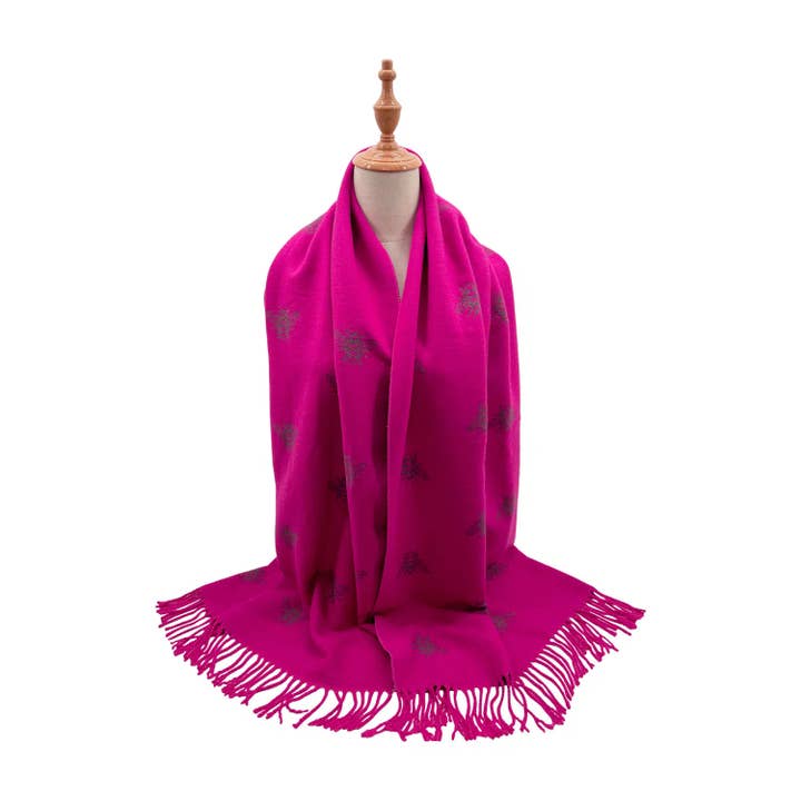 Bufanda Reversible de Mezcla de Lana para Damas con Estampado de Abejas y Flecos Fucsia para venta al por mayor de Strathurie