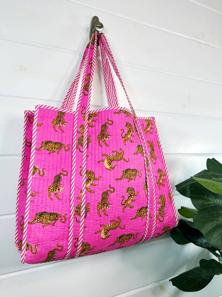 Quilted Tote Bag | Pink Tiger Tote | Large Shopping Tote Bag for wholesale by Folklore Couture
