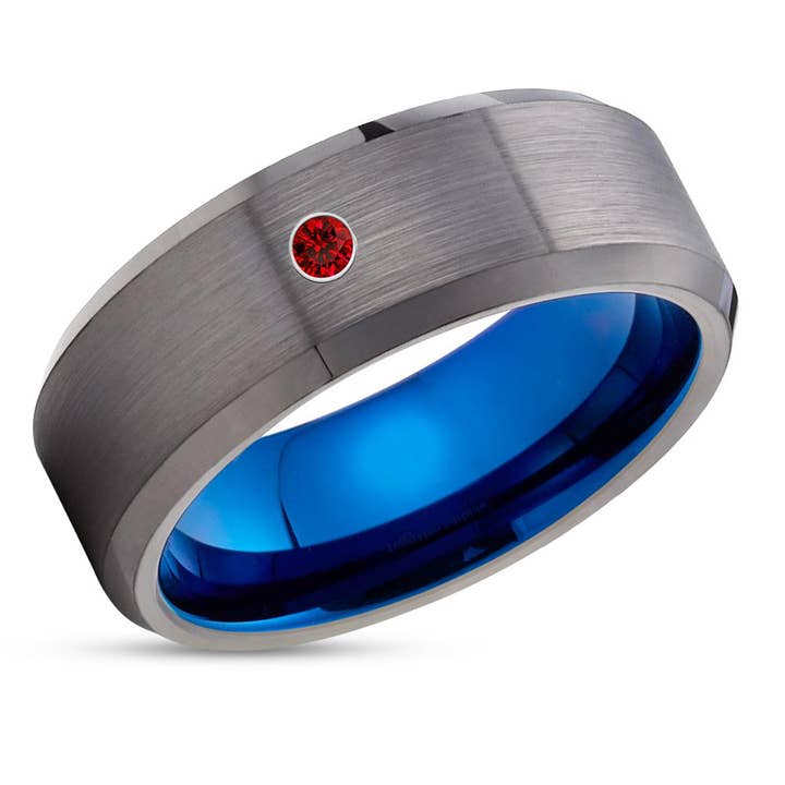 Ruby Tungsten Wedding Band - Gray Tungsten Ring - Gunmetal Wedding Ring - Man's Ring for wholesale by Lucky Love Rings