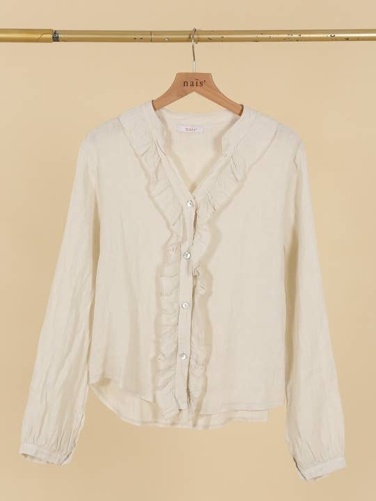 NAÏS PARIS - Wholesale Button Down Shirt - Women's - BUTTON-DOWN COLLAR SHIRT WITH RUFFLE DETAILS 100% LINEN