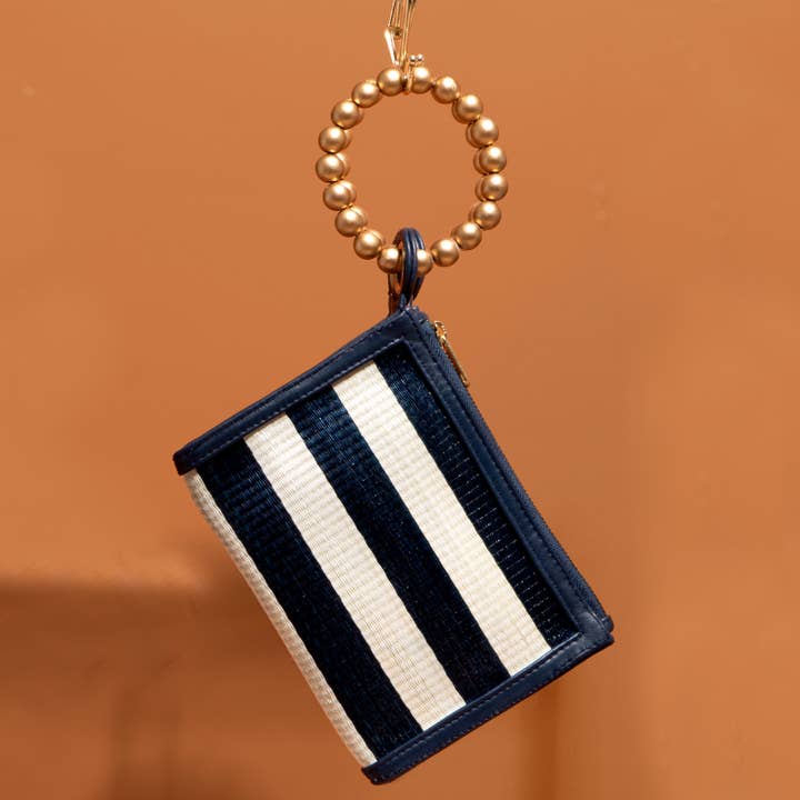 Soli & Sun - Wholesale Wristlet - Navy Blue Stripe Woven Straw Wristlet Pouch | Summer Style