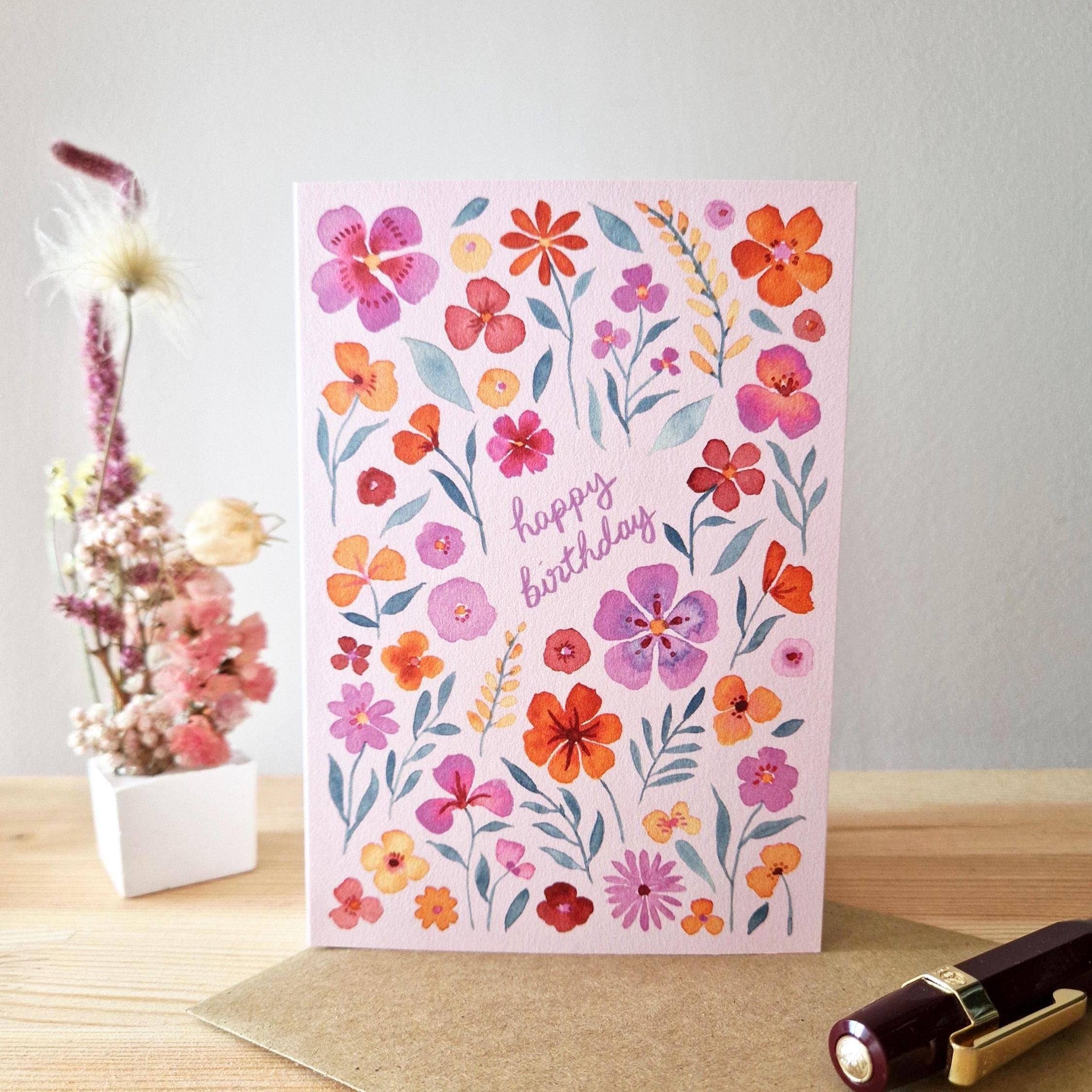 Anna Lau Art - Wholesale Birthday Card - Happy Birthday Floral Watercolour A6 Card1