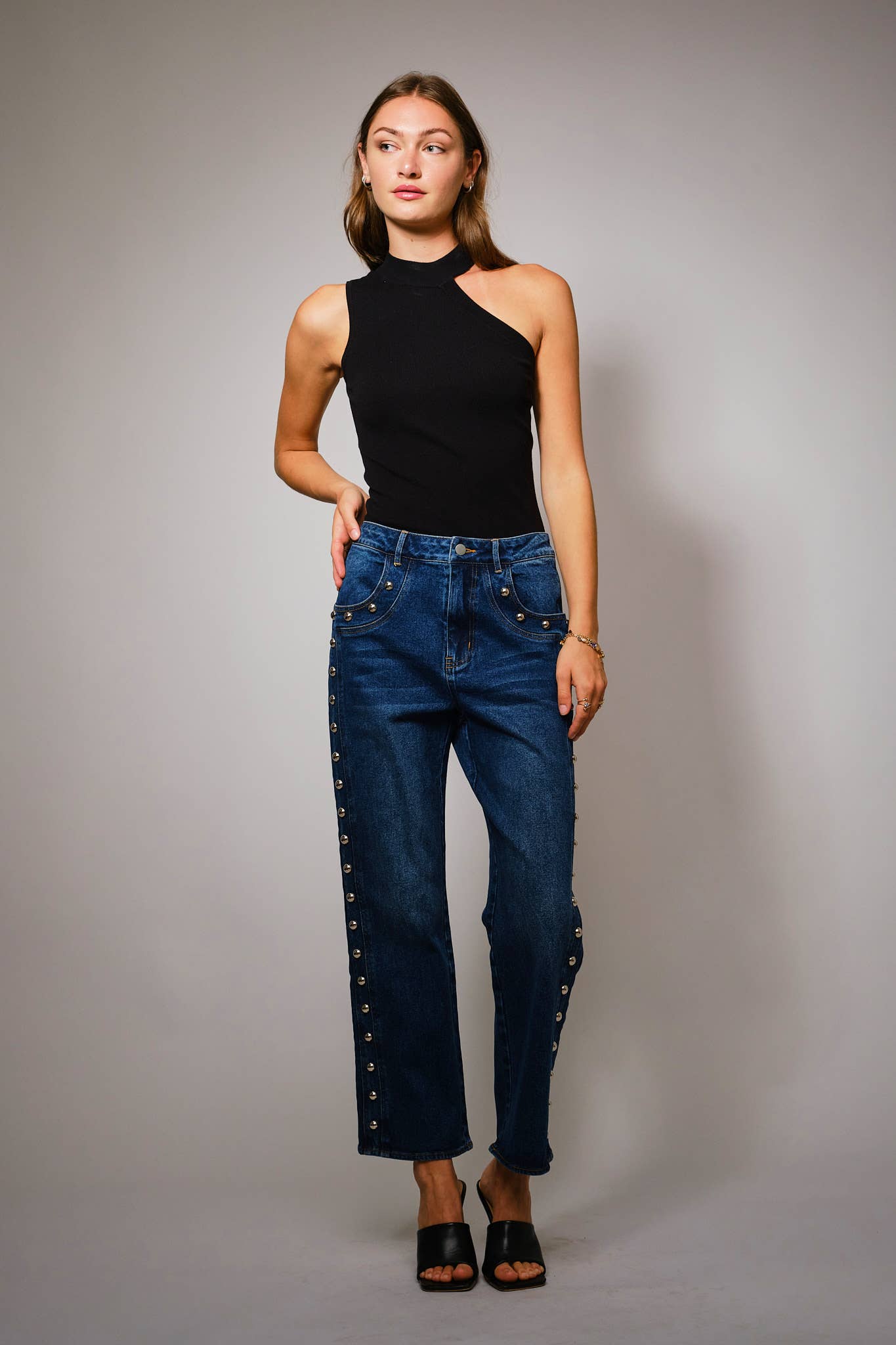 DARK WASH 52140P Metal Studded High Rise Straight Fit Denim Jeans for wholesale on Faire3