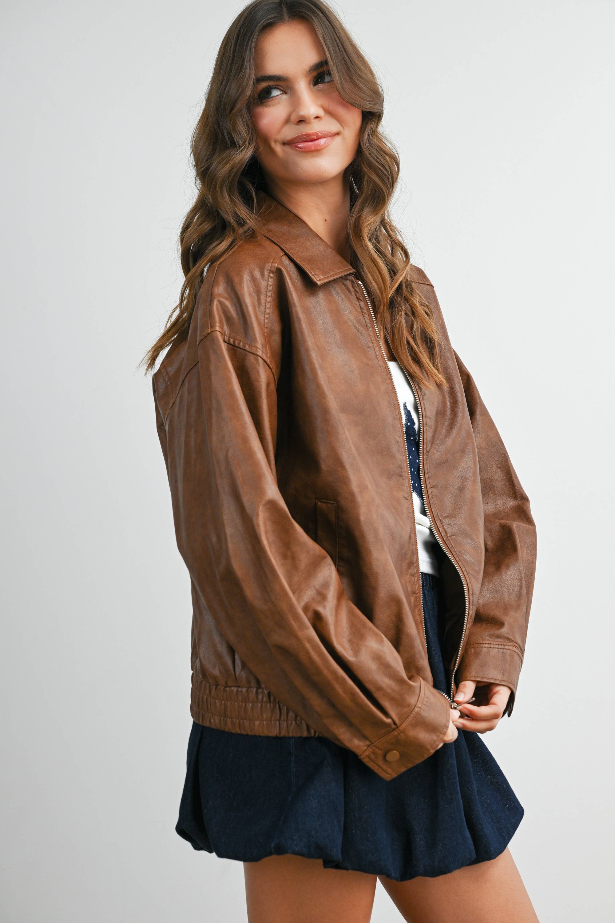 BUTTERMELON - Wholesale Jacket - Women's - Collared Zip-Front Leather Jacket - BMJ796821