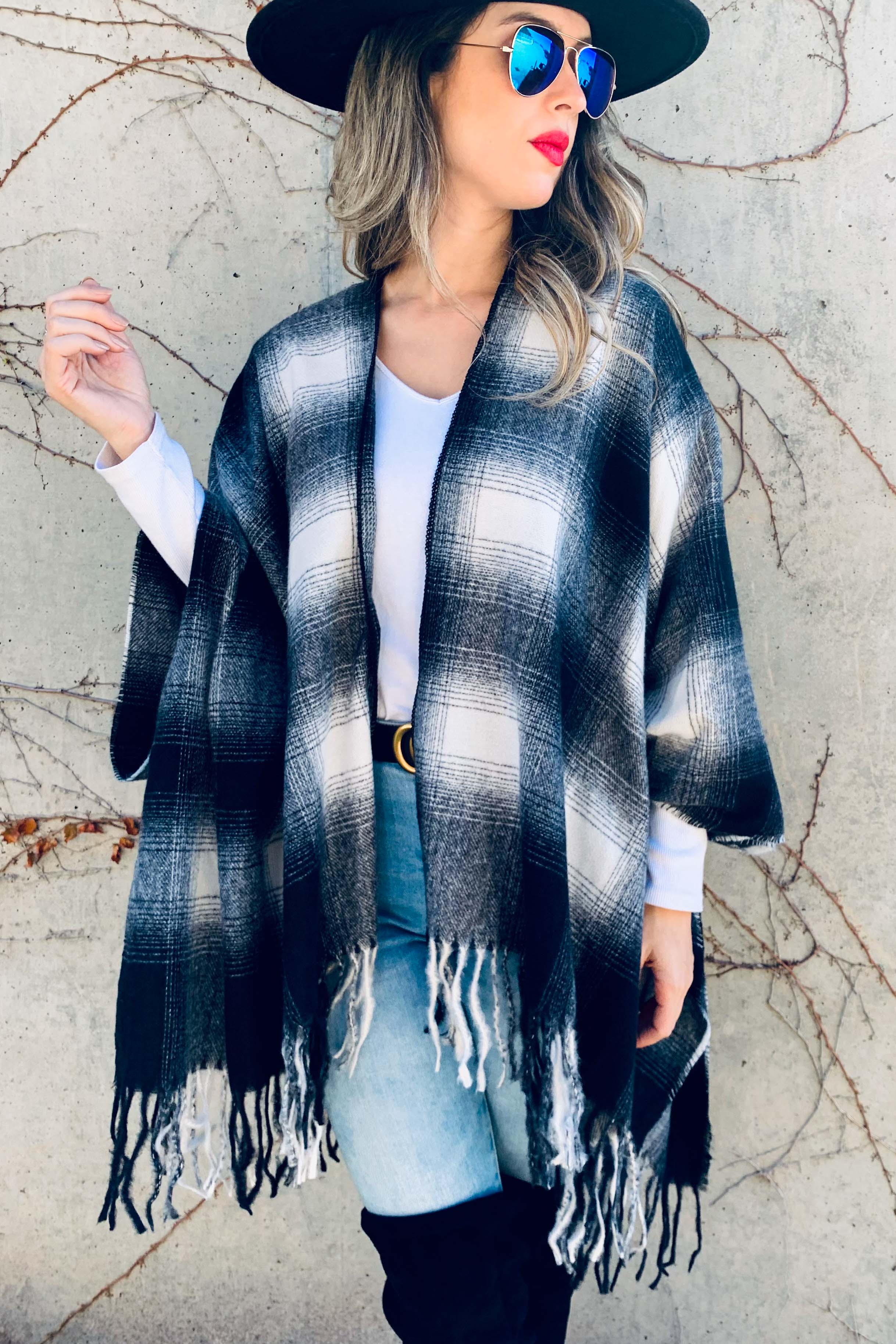 Black Plaid Printed Cozy Knitted Kimono Cardigan With Fringe for wholesale on Faire1