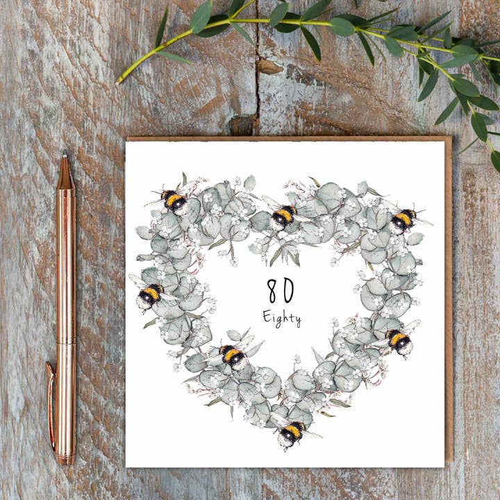 Eighty (Bees & Eucalyptus) Card (Cello-Free) for wholesale by Toasted Crumpet