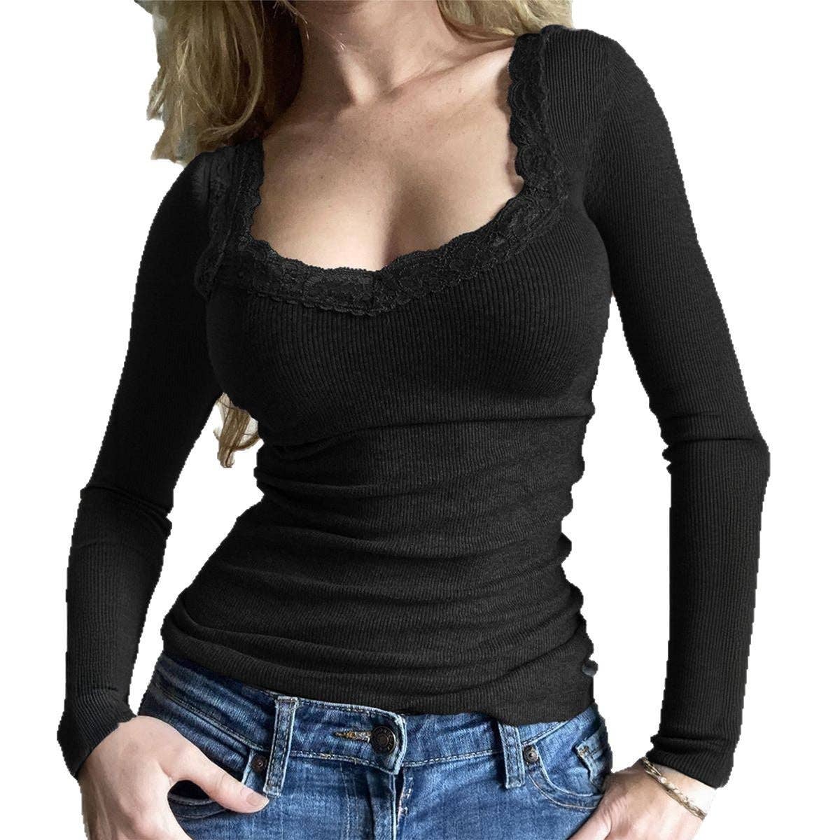 EmberLoom – Engroshandel Strikket top - Dame – Kvinder U-hals Flæsekant Slim Fit Ribbet Langærmet Top5