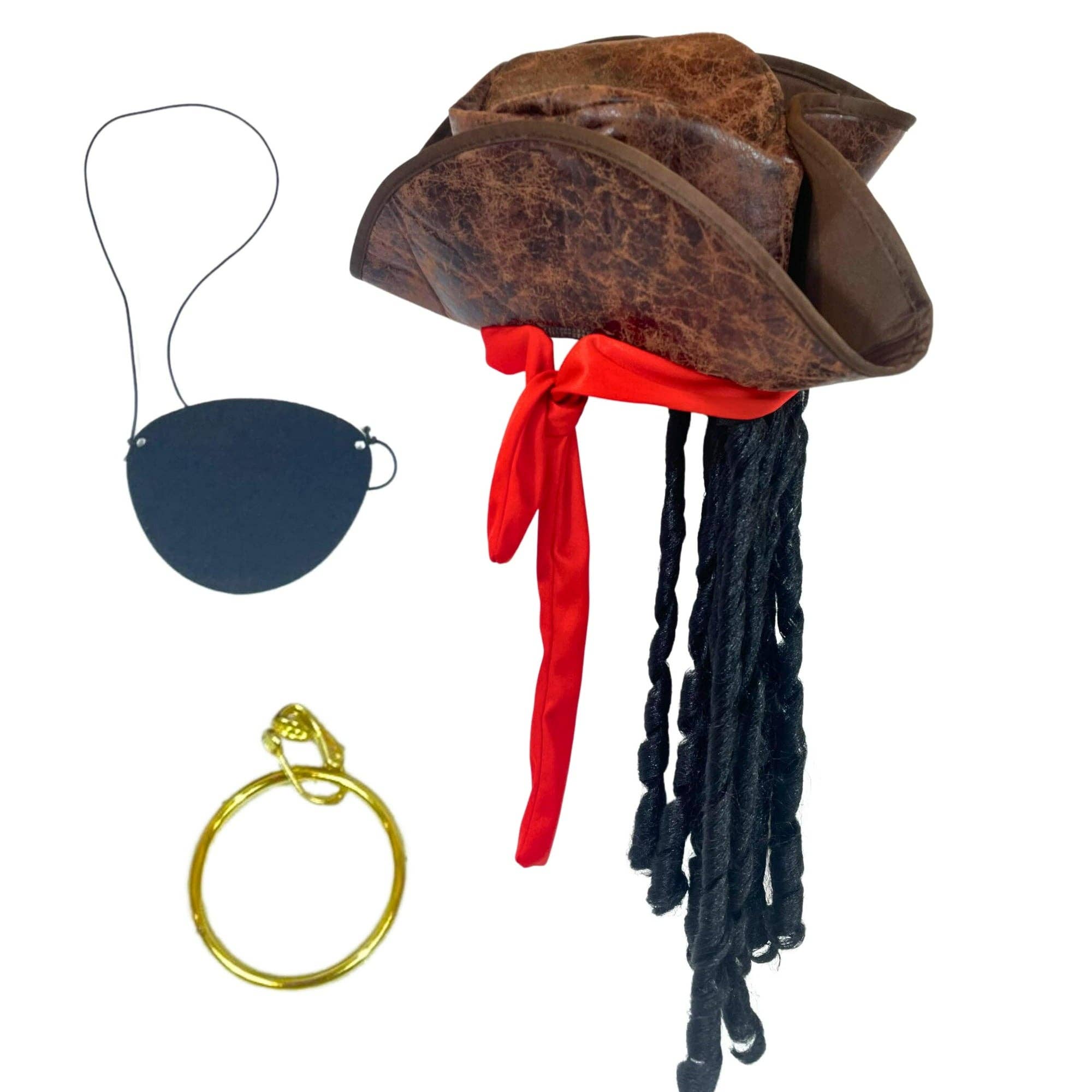 4E's Novelty - Vente Déguisement – unisexe - Ensemble de 3 accessoires pour pirates : cache-œil, chapeau de pirate avec cheveux dreadlocks et bandana rouge0