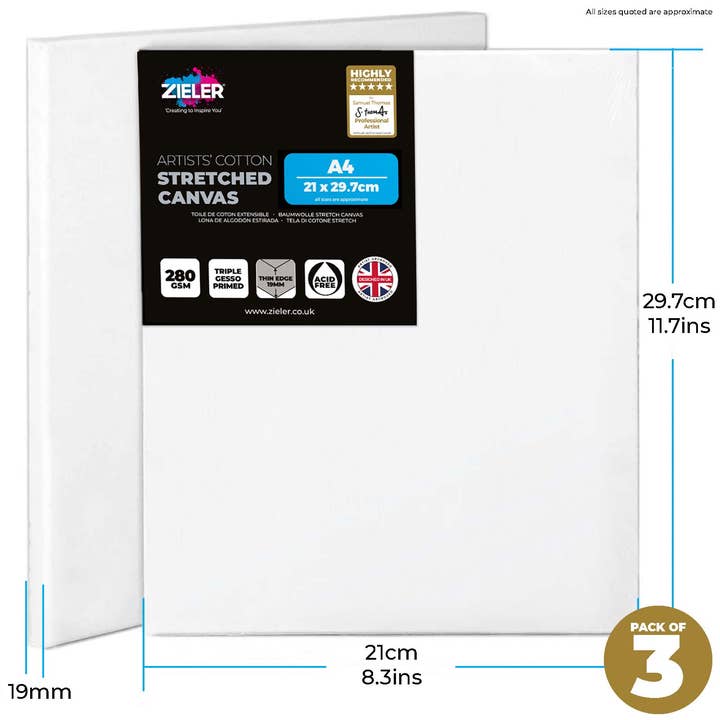 Zieler - Wholesale Painting Paper - 3 Blank Stretched Canvas 280gsm A4 21x30cm 19mm Thin Edge