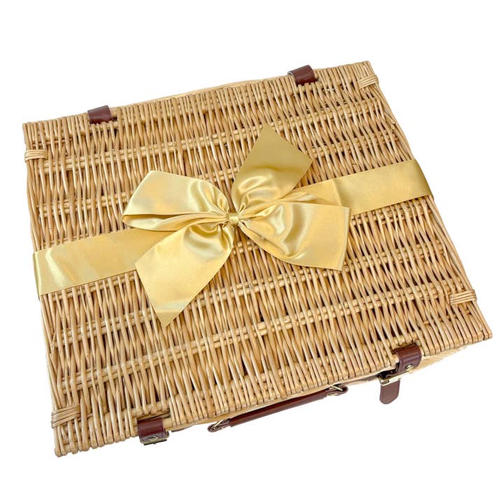 Empty Natural Wicker Hamper Baskets & Gold Bows - 12/14/18" for wholesale by Candi Gifts