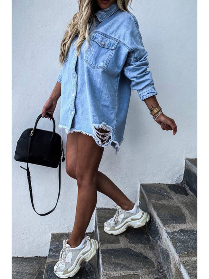 UNISHE - Venta al por mayor Sobrecamisa - Mujer - Chaqueta vaquera rasgada con dobladillo crudo TOPW4316