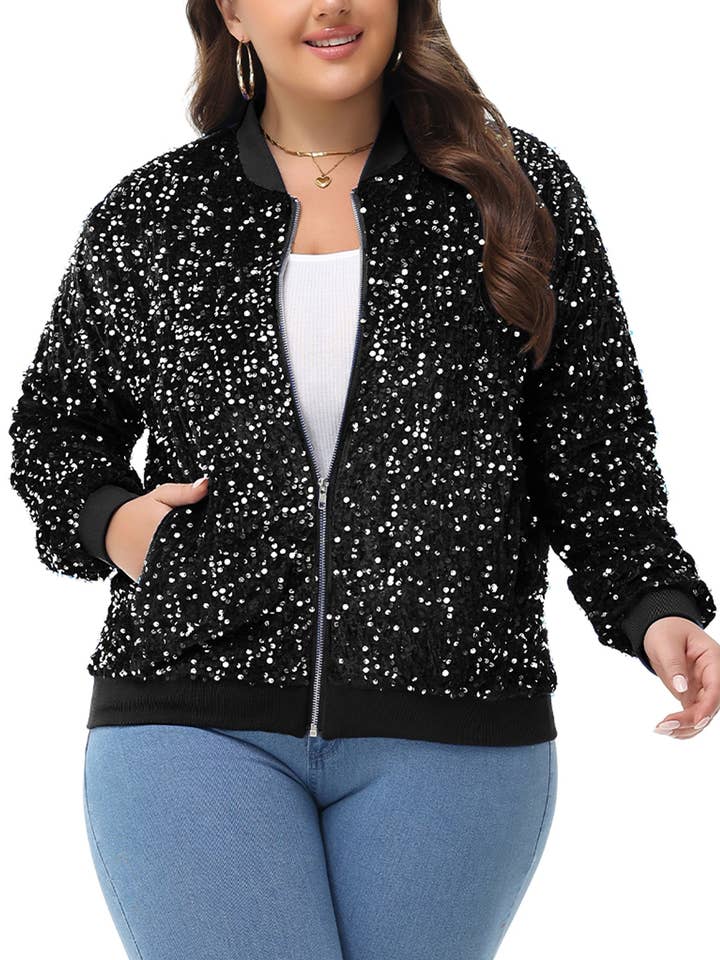 Plus Size Sequin Jacket Sparkly Zip Bomber Coat With Pockets and other Purchase Wholesale sequin jacket. Free Returns & Net 60 Terms on Faire trending on Faire.