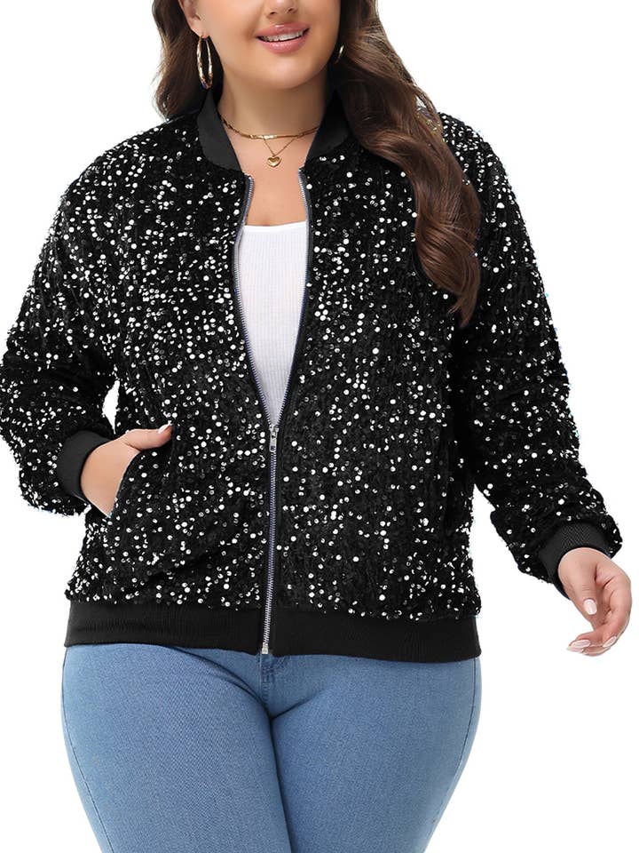 Plus Size Paljettjacka Gnistrande blixtlås Bomberkappa med fickor för wholesale av Anna Kaci Wholesale