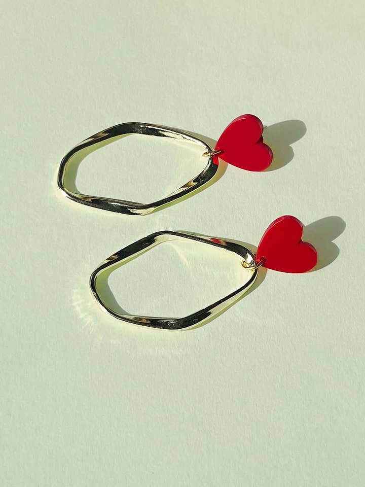 Red Heart Gold Irregular Hoop Earrings for wholesale by Aloë Earrings