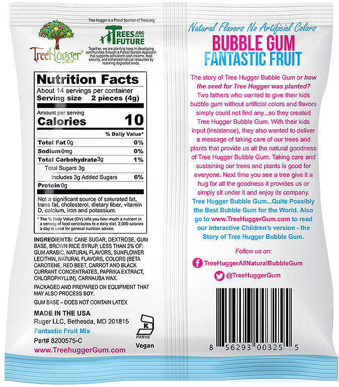 Tree Hugger Gum and Bubble Gum Filled Candy - Vente Chewing-gums - Tree Hugger Bubble Gum Fantastic Fruit, sachets et présentoir, 12 x 2 oz1