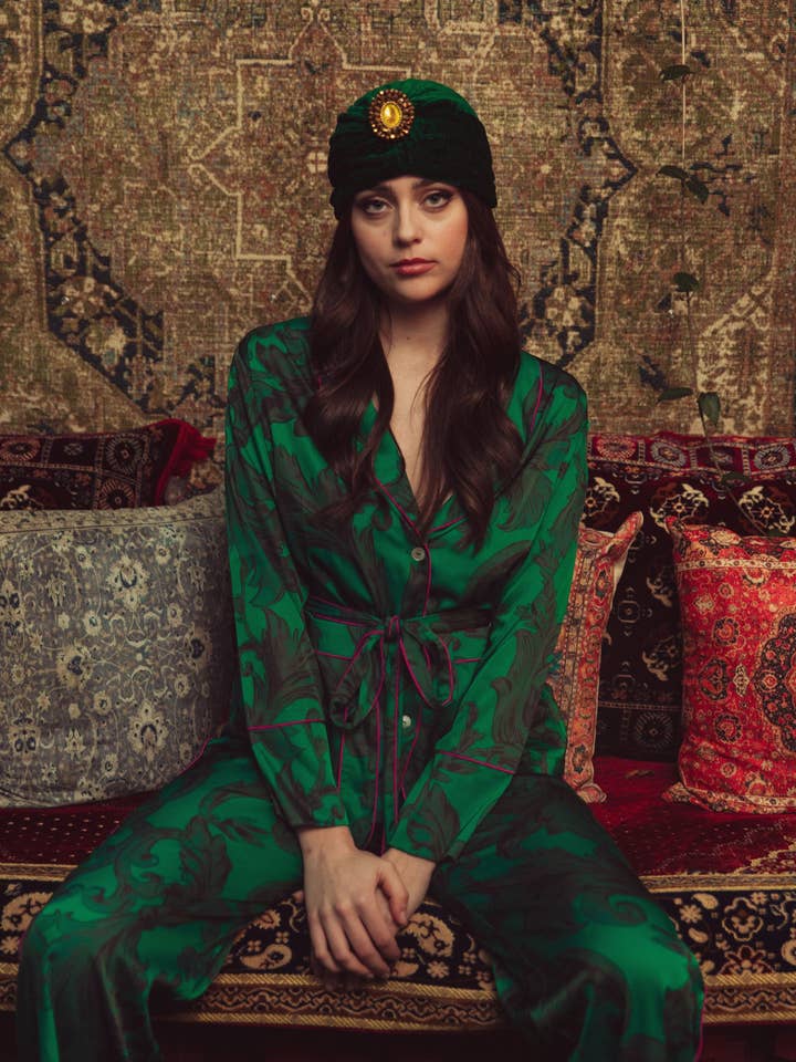 Kilo Brava - Vente Haut et bas de pyjama – femme - ENSEMBLE PYJAMA LONG EN SATIN ÉMERAUDE