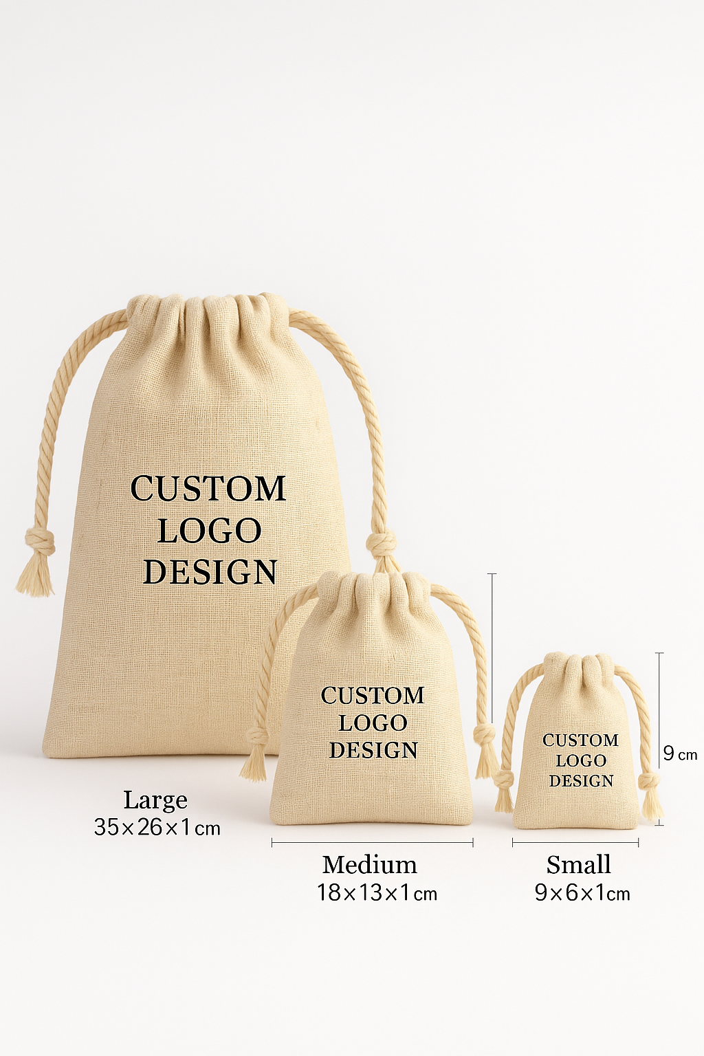 NomadWeave Ltd - Vendita all'ingrosso Astuccio - Donna - Sacchetto in Cotone con Coulisse – Borse Gioiello con Logo Personalizzato in 3 Misure3