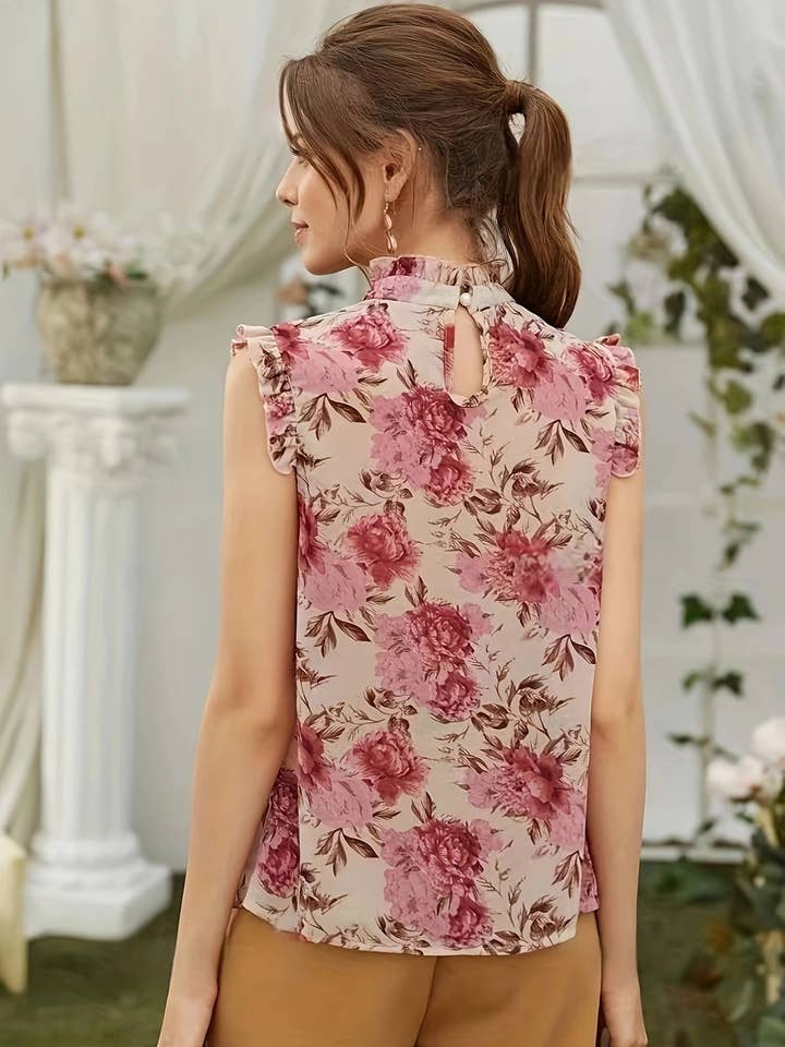 MULTICOLOR Floral print elegant sleeveless ruffled shirt for wholesale on Faire