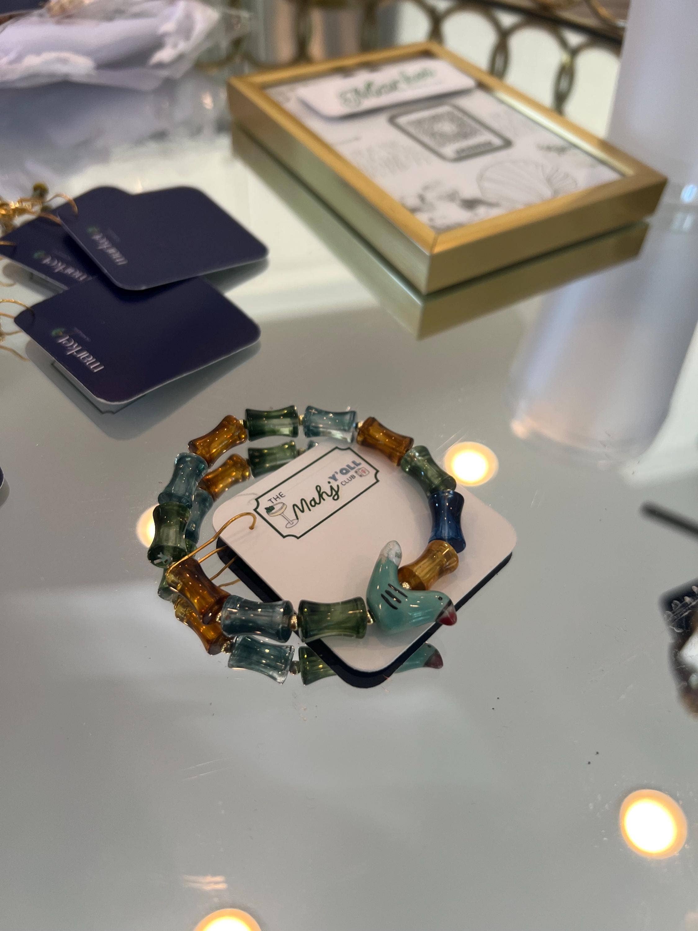 Market On Maple Ave - Wholesale Beaded Bracelet - Bam Bird Mahjong Acrylic bamboo bracelet porcelain bird bead Beaded Colors Braceletsglass beads & acrylic, stretchy. Sold separately1