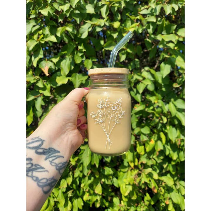 AliceJoyCreations - Wholesale Drinking Glass/Cup - Flower Mason Jar Cup