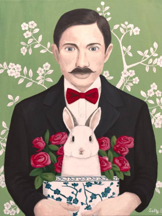 Vintage moustache man art print with rabbit chinoiserie vase for wholesale by Sally B