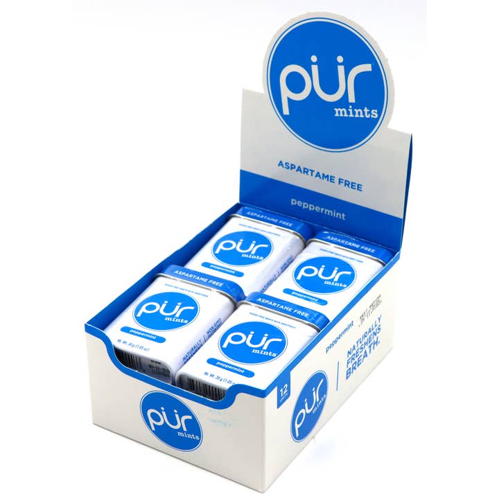 PUR Mints Peppermint 1.05oz Tin, 12ct Box for wholesale by Grandpa Joe's Candy Shop