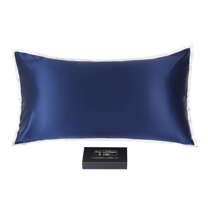 King-size 22 Momme Mulberry Silk Pillow Sham - Navy Blue + Cream for wholesale by THE COTTON & SILK