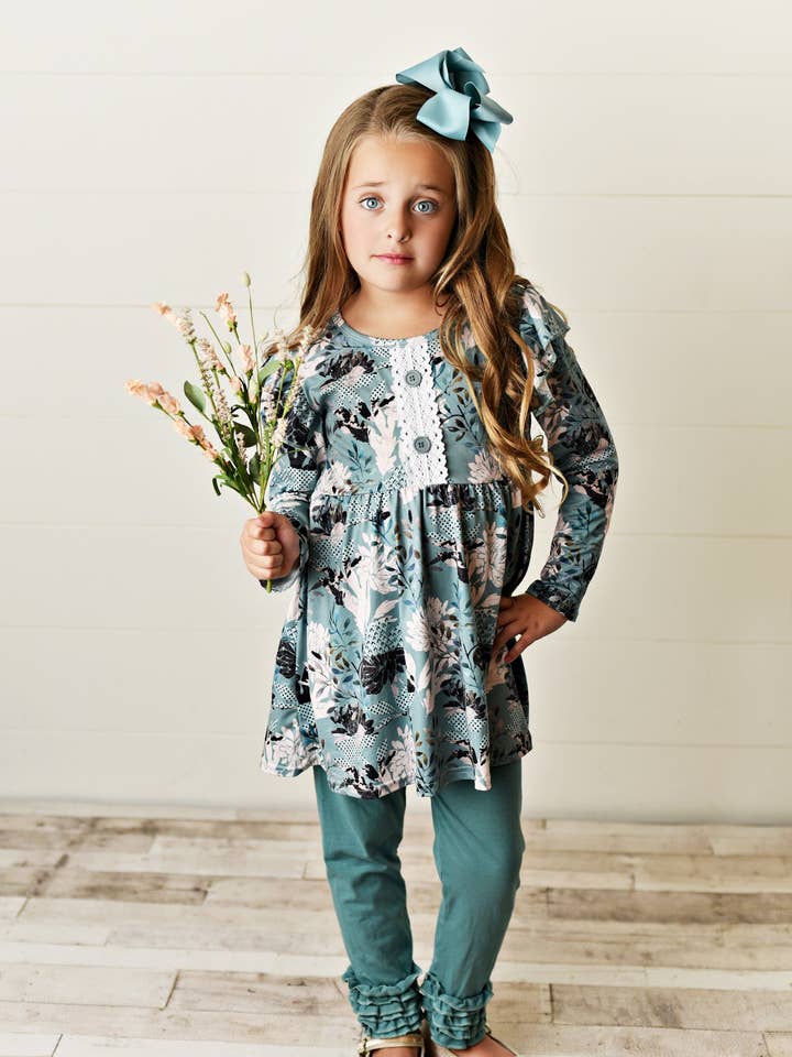 Adorable Sweetness - Wholesale Top & Leggings Set - Kids - Kids Sage Green Floral Tunic Top & Legging Pants Set