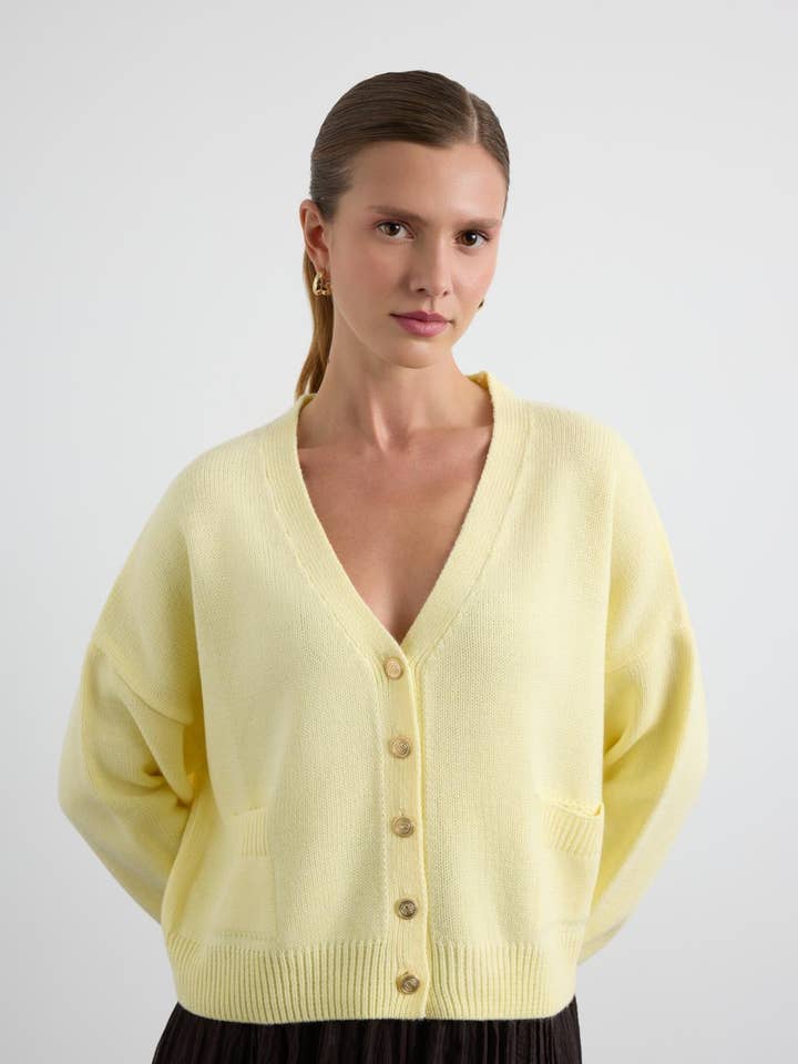 Cardigã de Malha com Botões Dourados Amarelo por atacado de Kadriye Baştürk