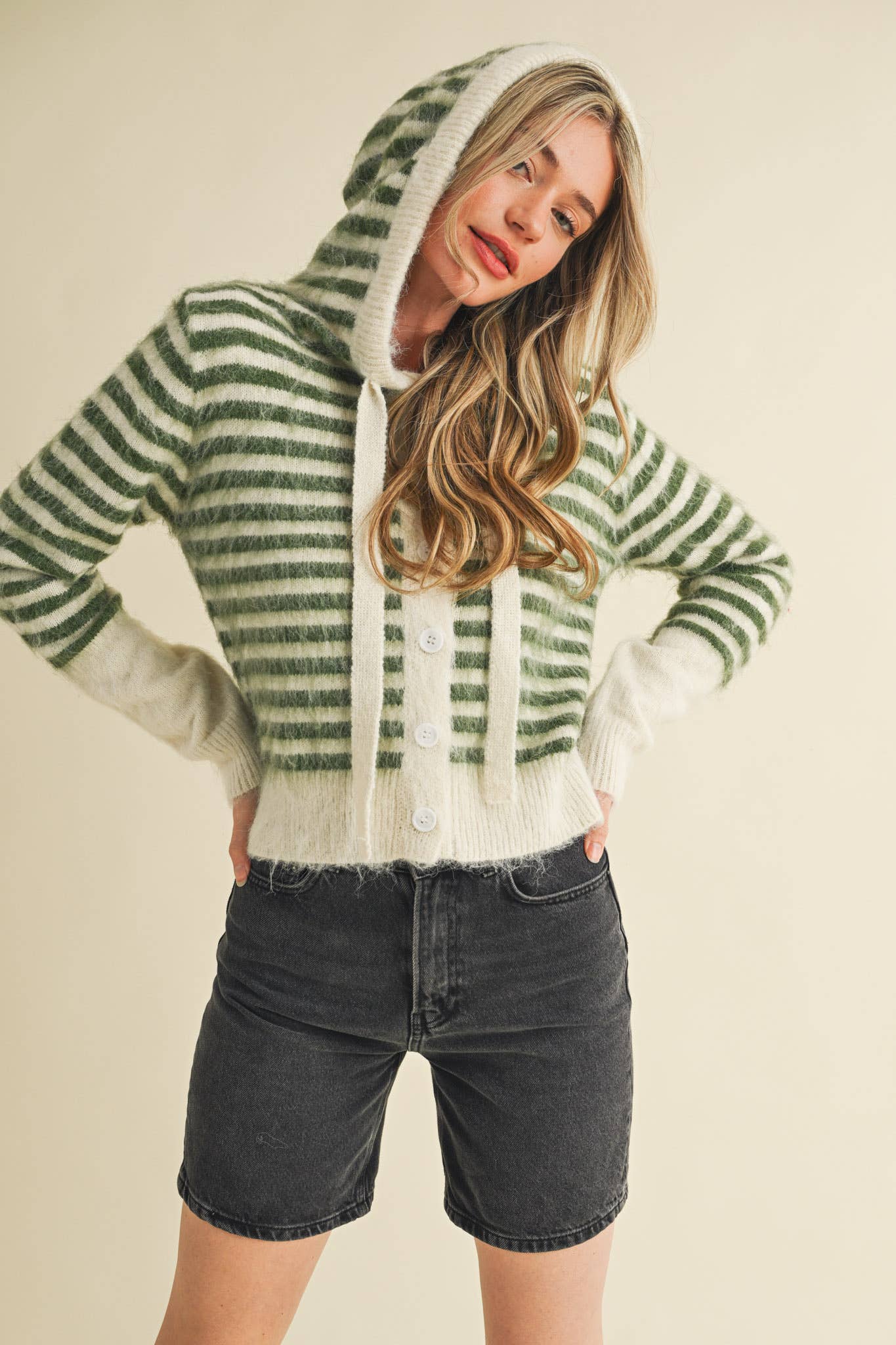 &MERCI - Wholesale Cardigan - Women's - STRIPED HOODIE SWEATER CARDIGAN MSW1106349
