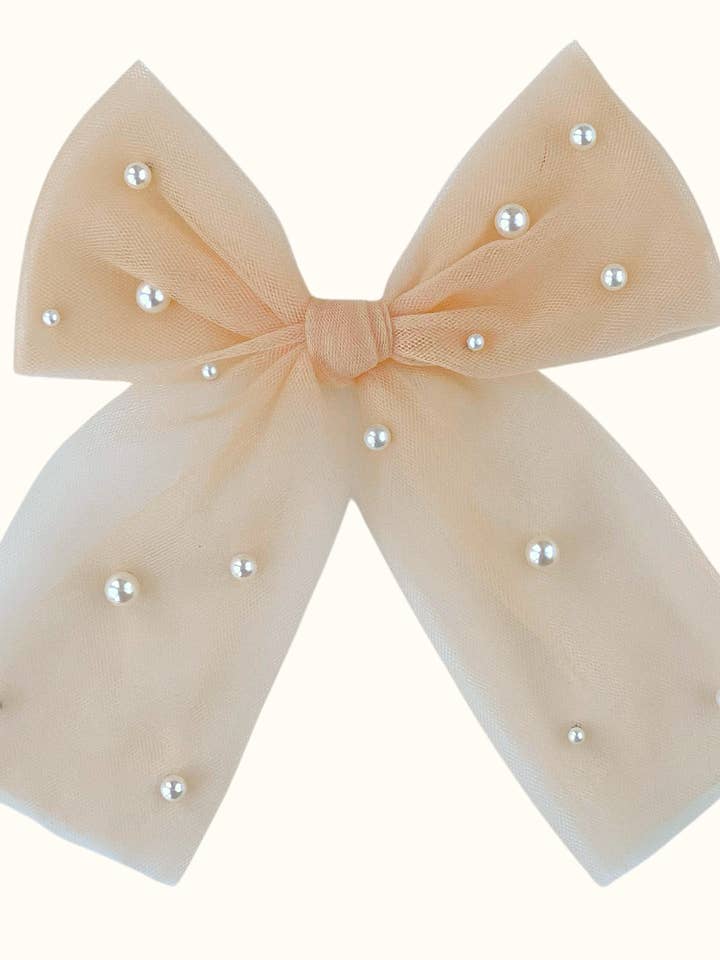 Piper Nude Tulle Pearl Bow - Hair Clip / Bag Bow for wholesale by Innocent Ivy